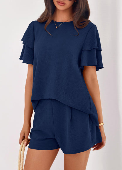 Solid Lounge Set Ruffle Sleeve Top Shorts 2 Piece Set