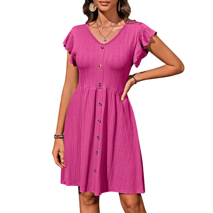 V-Neck Button Elastic Waist Short-Sleeve Dress