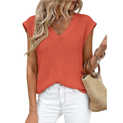 V Neck Knit Sweater Vest Sleeveless Loose Summer Top