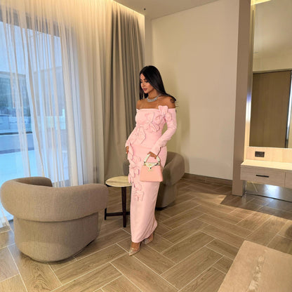 Pink Off Shoulder Long Sleeve Floral Bodycon Maxi Dress