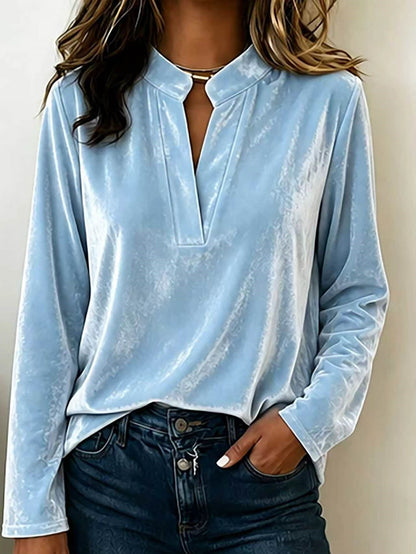 Women's Velvet V-Neck Long Sleeve Casual Blouse Top