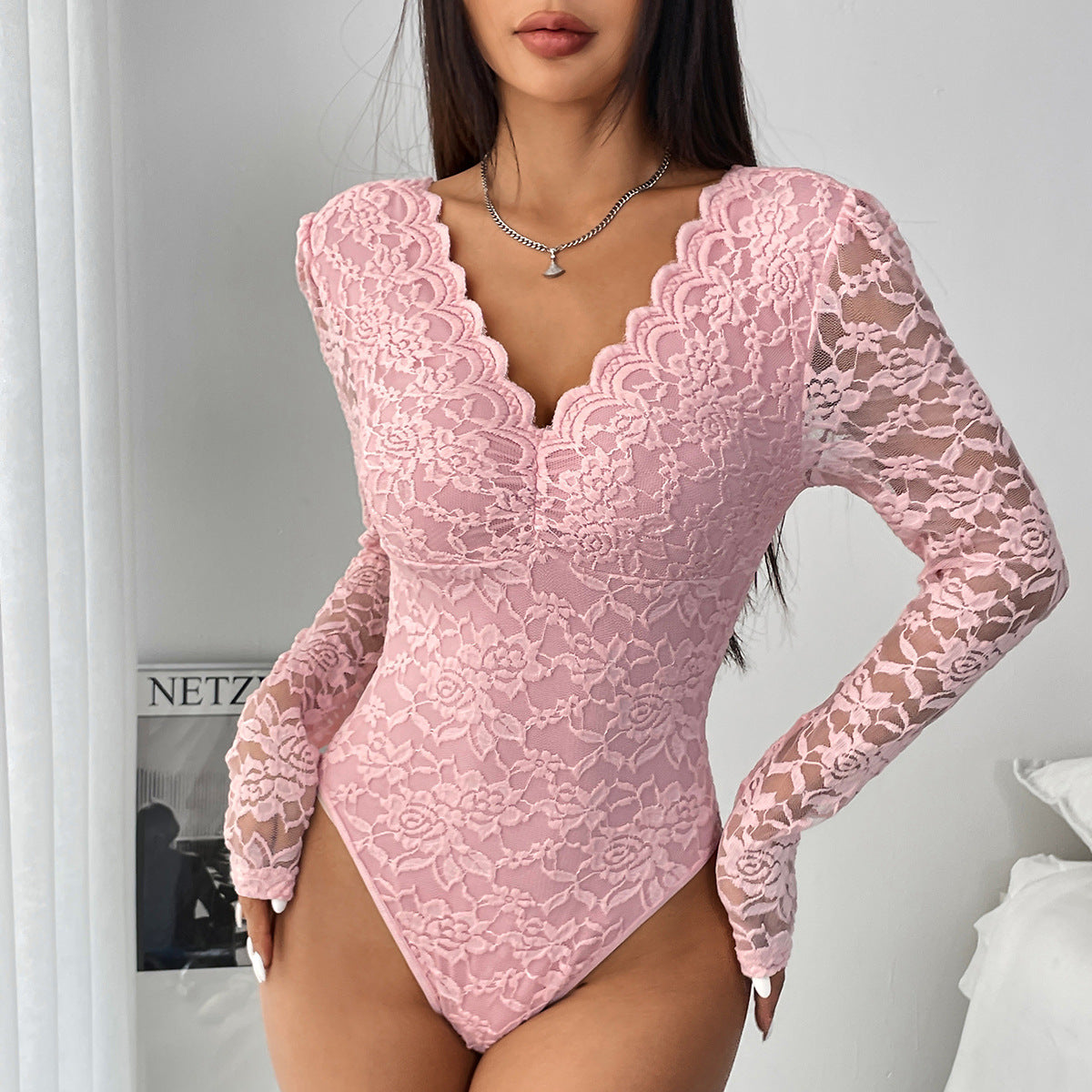 Sexy Sheer Lace Long Sleeve Bodysuit