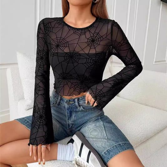 Spider Web Mesh Bell Sleeve Sheer Goth Crop Top
