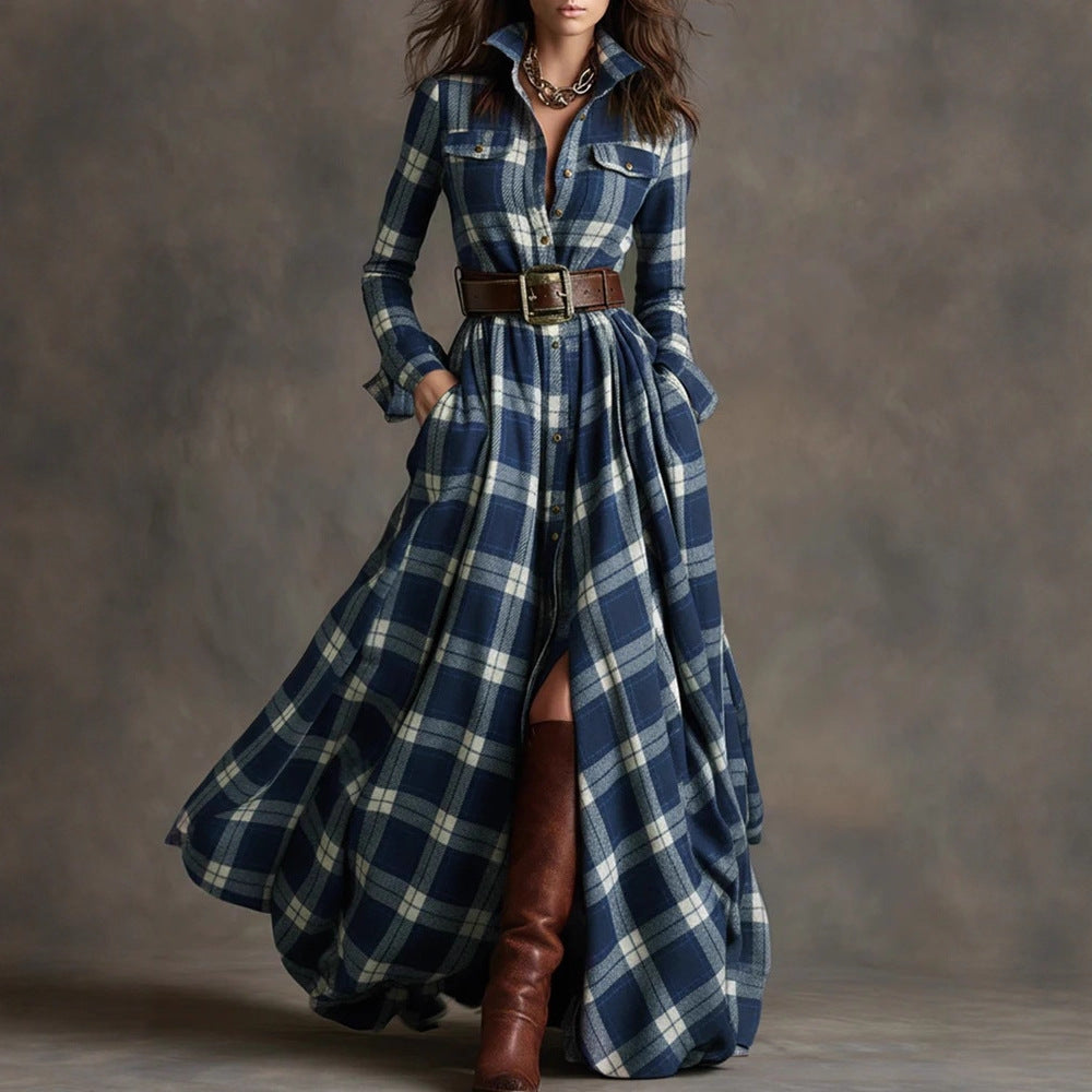 Plus Size Plaid Maxi Shirt Dress Belted Long Sleeve