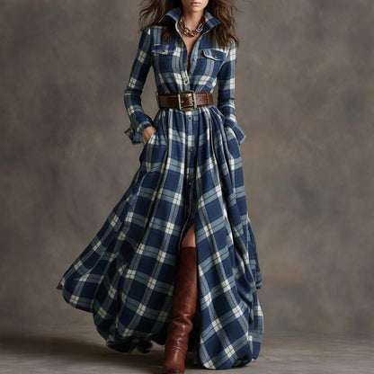 Plus Size Plaid Maxi Shirt Dress Belted Long Sleeve