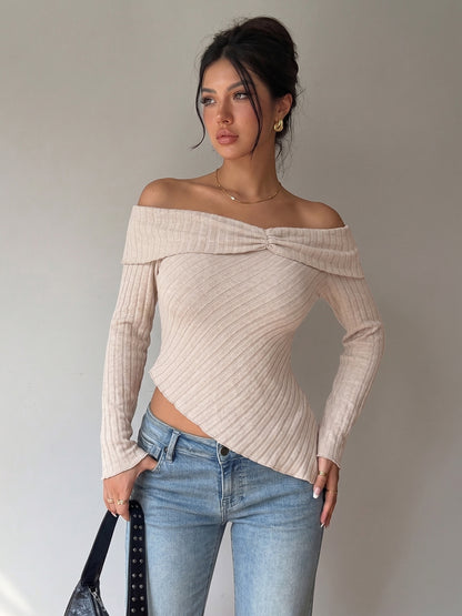 Off Shoulder Ribbed Asymmetrical Long Sleeve Top