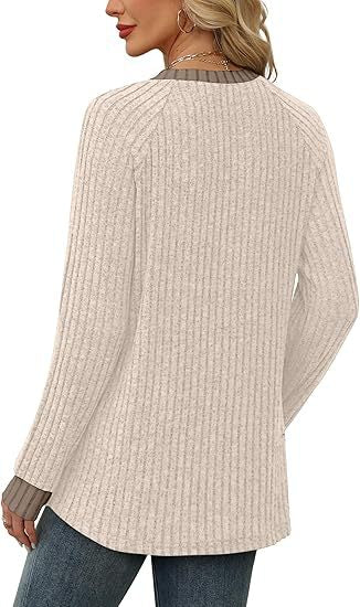 Women's Soft Ribbed Contrast Trim Long Sleeve Crew Neck Top