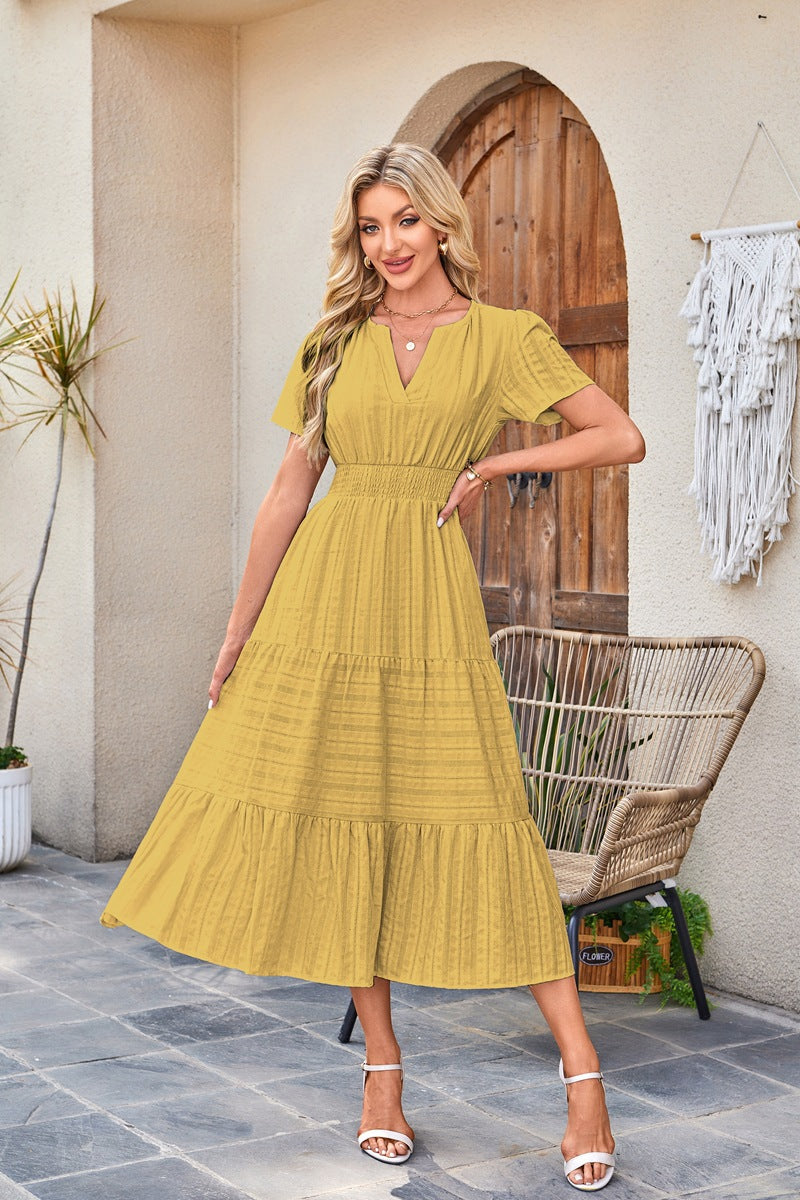 Solid Cotton Maxi Dress V Neck Puff Sleeve Smocked Dress