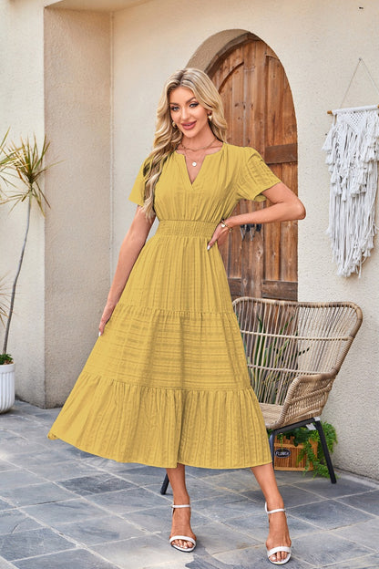 Solid Cotton Maxi Dress V Neck Puff Sleeve Smocked Dress