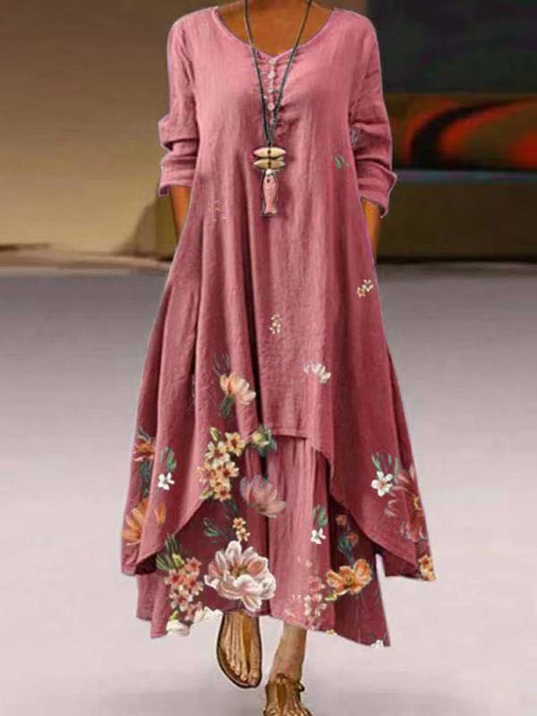 Women's Boho Floral Long Sleeve Asymmetrical Maxi Dress