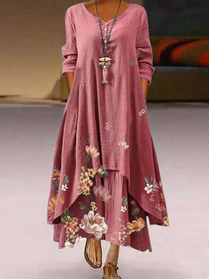 Women's Boho Floral Long Sleeve Asymmetrical Maxi Dress