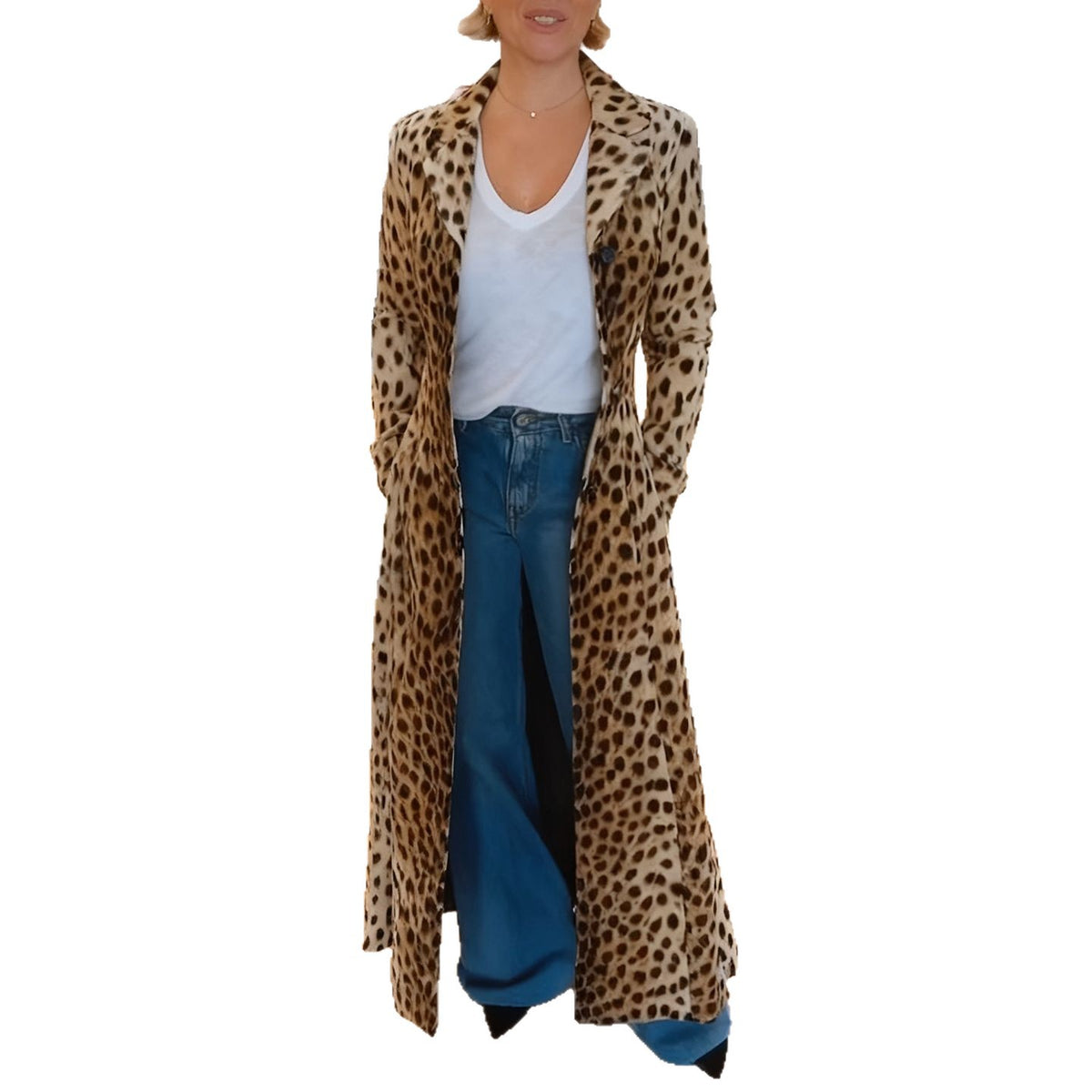 Women's Leopard Print Long Trench Coat Blazer