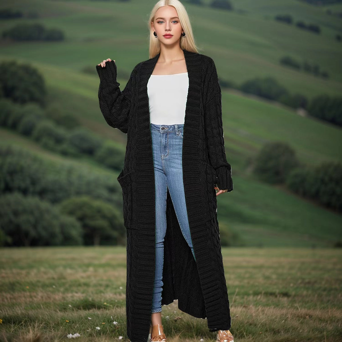 Long Cable Knit Open Front Cardigan with Pockets