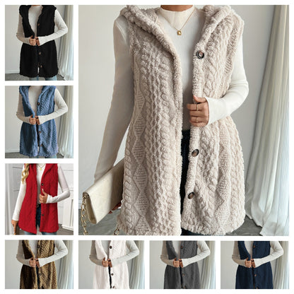Women's Hooded Fleece Button Front Vest Cardigan