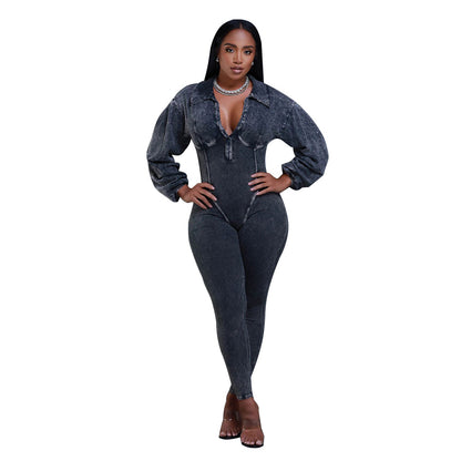 Sexy Ribbed Long Sleeve Zip Up Bodycon Jumpsuit