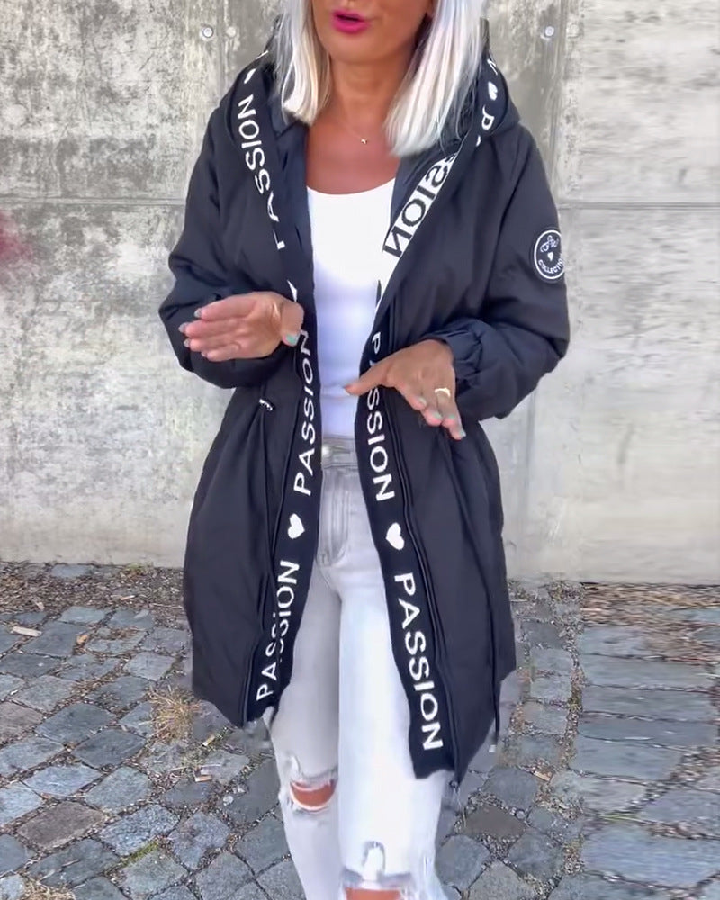 Women Hooded Long Puffer Jacket Letter Tape Drawstring Coat