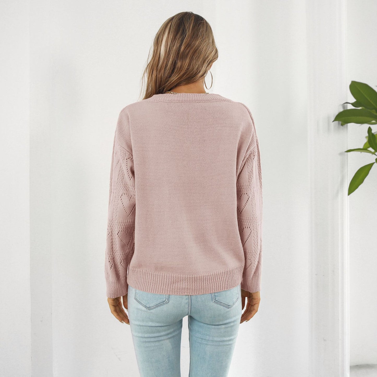 Women's Oversized V-Neck Heart Cutout Knit Sweater
