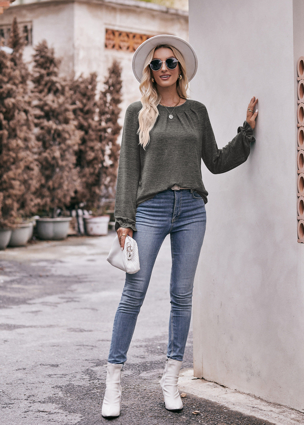Round Neck Pleated Long Sleeve Brushed Knit Top