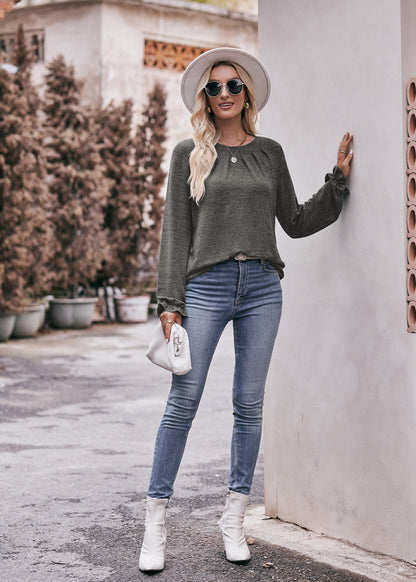 Round Neck Pleated Long Sleeve Brushed Knit Top