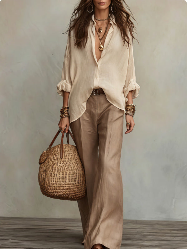Womens Relaxed Button Down Shirt Wide Leg Pants Set