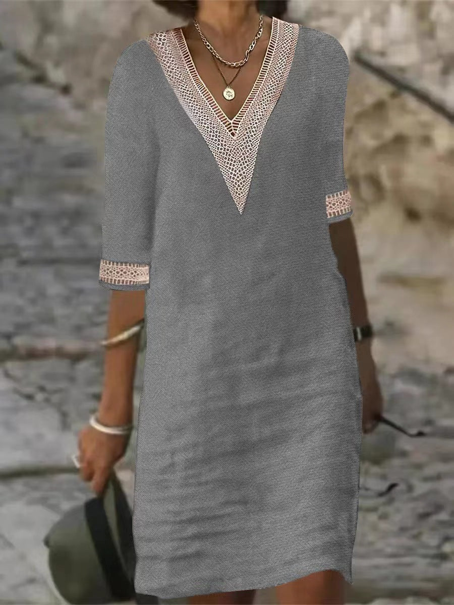 Women's Cotton Linen V-Neck Lace Trim Casual Midi Dress