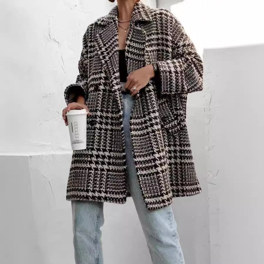 Womens Oversized Houndstooth Tweed Winter Coat Jacket