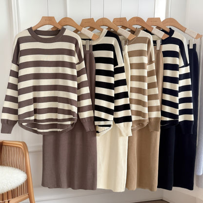 Striped Sweater & Midi Skirt Knit Matching Set