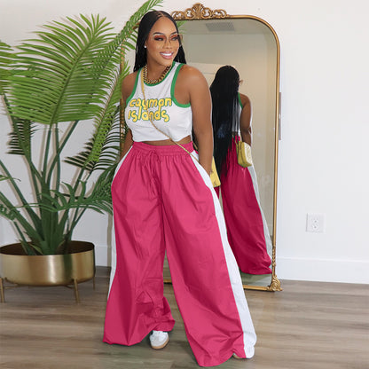 Women Sporty Color Block Wide Leg Pants Loose Side Stripe