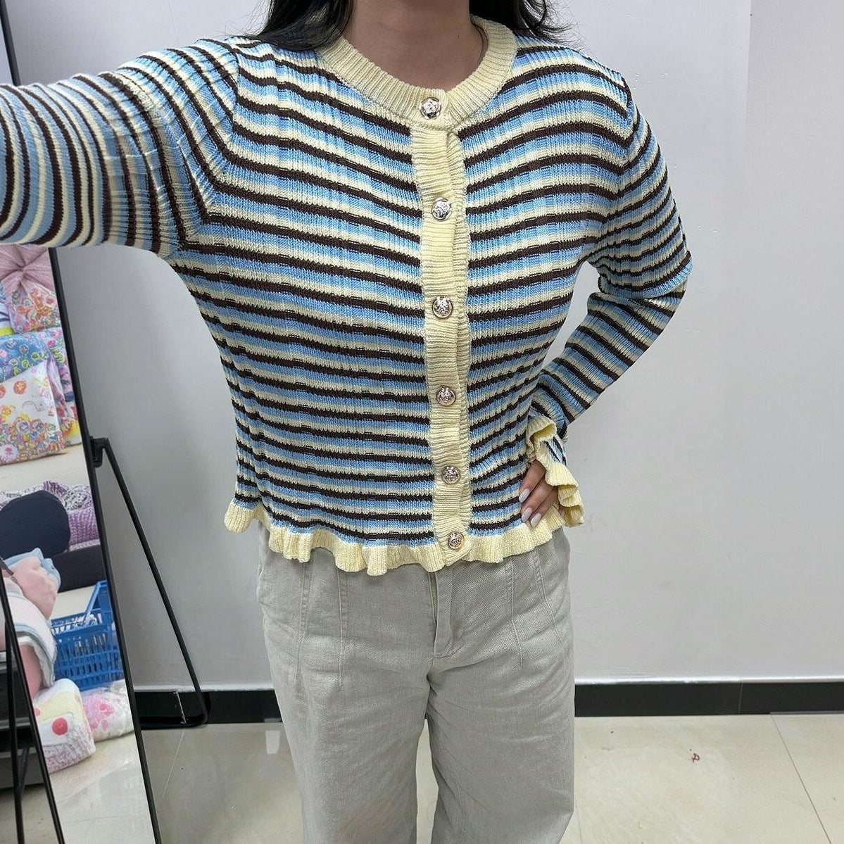 Women's Striped Cardigan Button Front Ruffle Hem Sweater