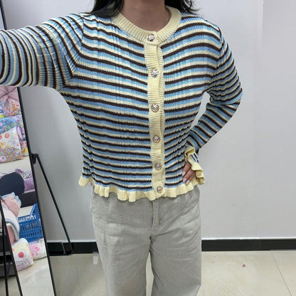 Women's Striped Cardigan Button Front Ruffle Hem Sweater