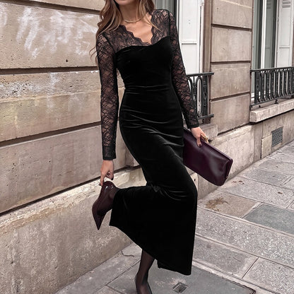 Velvet Lace Maxi Dress Long Sleeve V-Neck Bodycon
