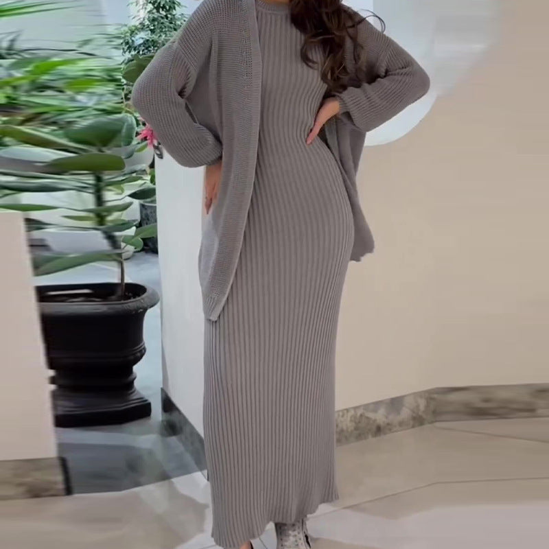 Women's Ribbed Knit Maxi Dress & Cardigan Belted Set