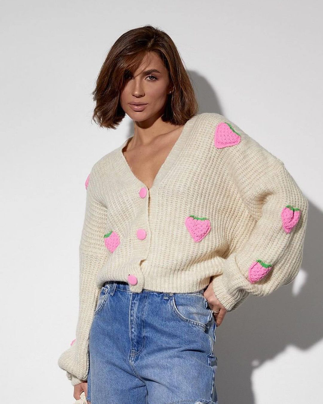 Oversized Chunky Knit Strawberry Cardigan Sweater
