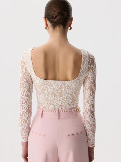 Sheer Lace Long Sleeve Top Fitted U Neck Blouse