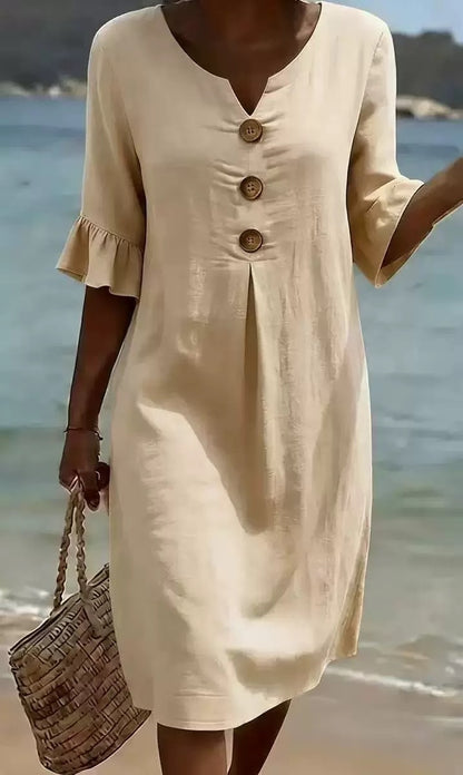 Women's Linen V-Neck Button Ruffle Sleeve Midi Dress