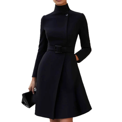 Women Mock Neck Long Sleeve Zip Front Belted A-Line Dress