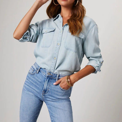 Women's Denim Button Down Shirt Long Sleeve Casual Western