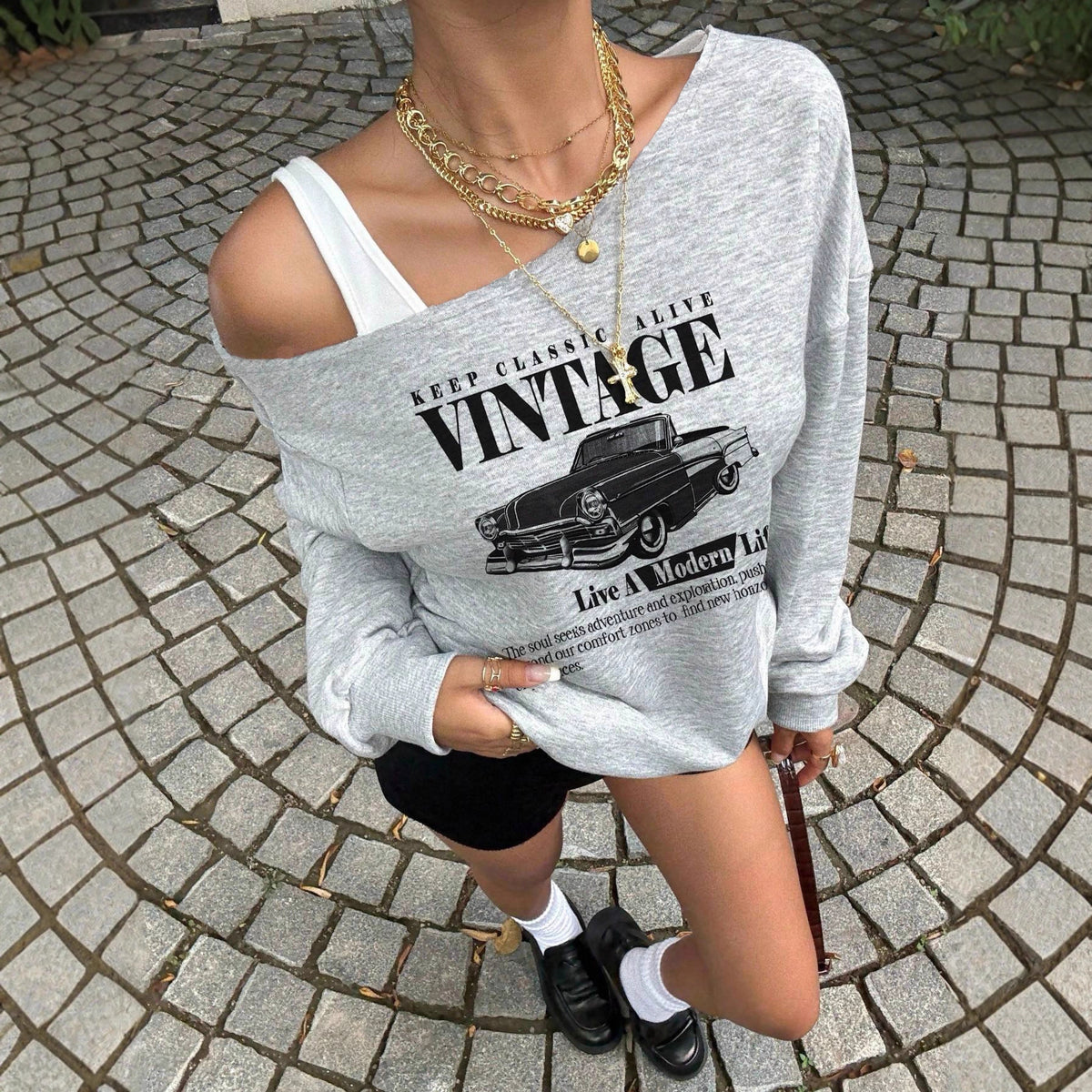 Women's Vintage Car One Shoulder Oversized Sweatshirt