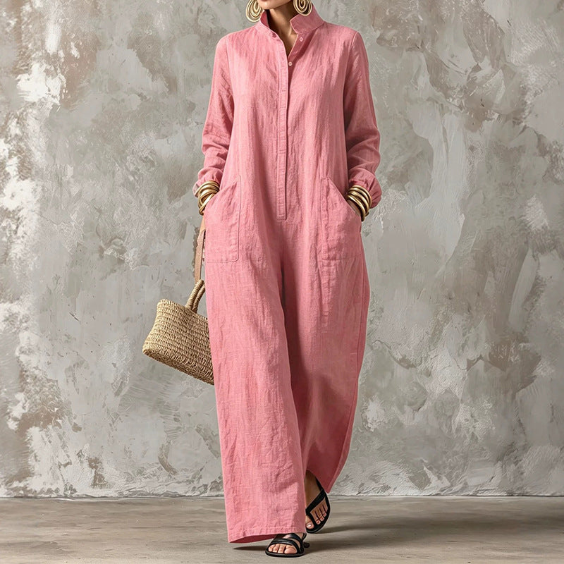 Women's Loose Button Front Wide Leg Long Sleeve Jumpsuit