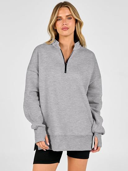 Oversized Half Zip Sweatshirt Side Slit Pullover Tunic