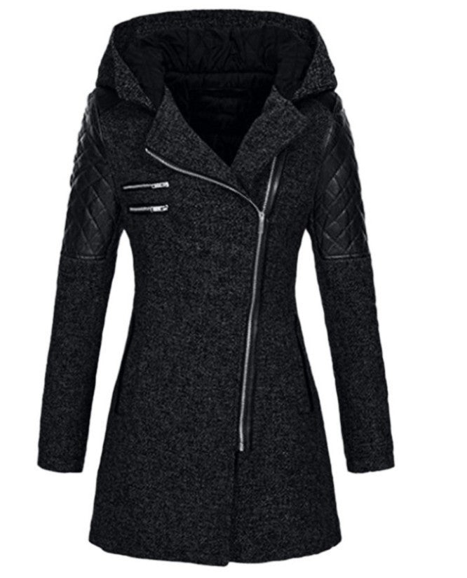 Women Hooded Faux Leather Quilted Asymmetrical Zip Coat