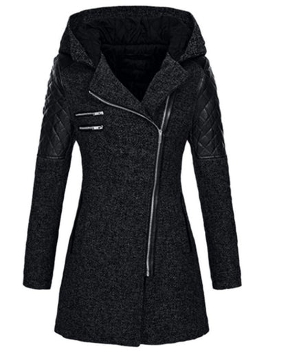 Women Hooded Faux Leather Quilted Asymmetrical Zip Coat