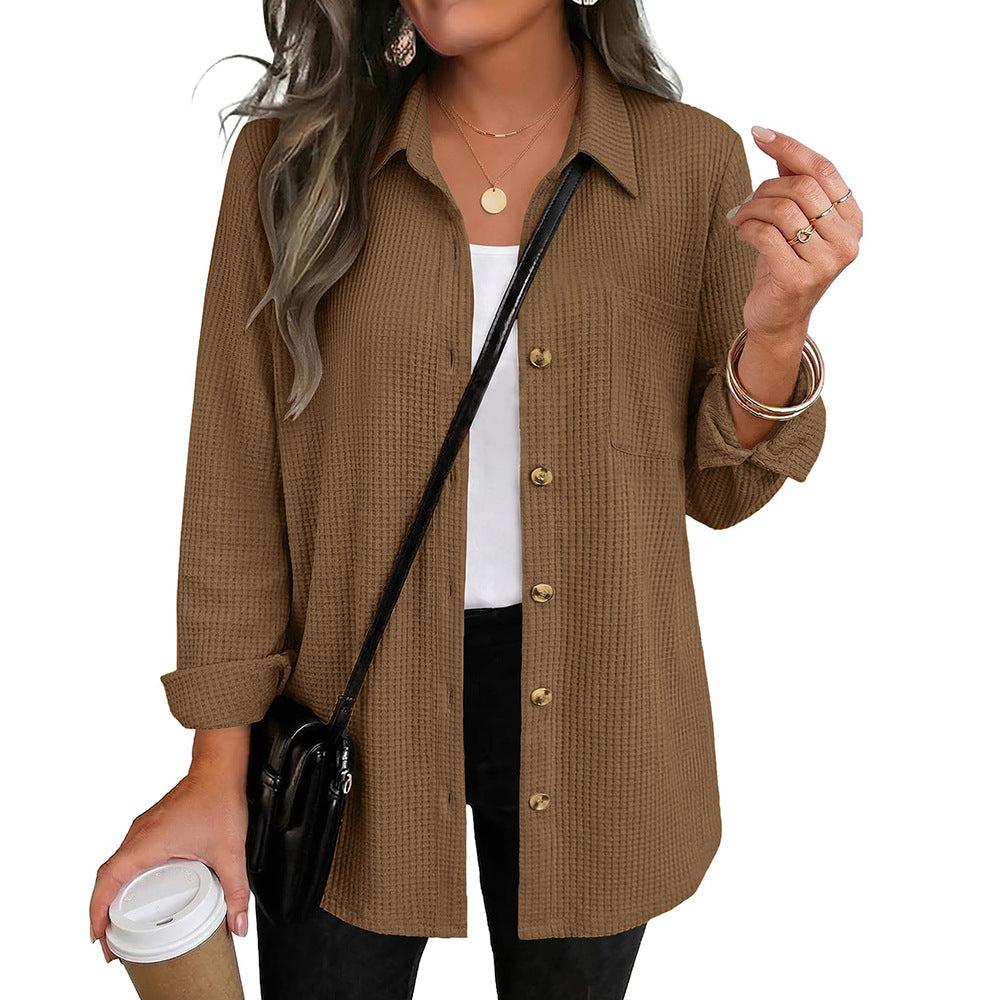 Waffle Knit Button Down Shirt Long Sleeve Pocket Tunic