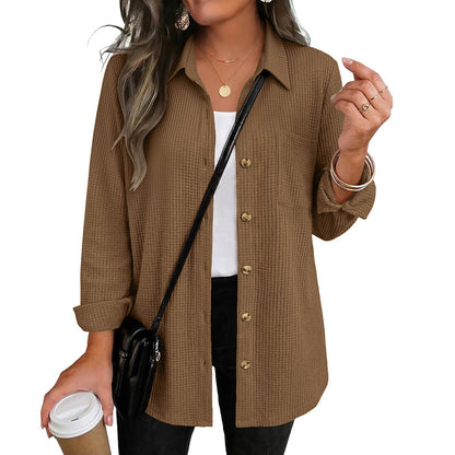 Waffle Knit Button Down Shirt Long Sleeve Pocket Tunic