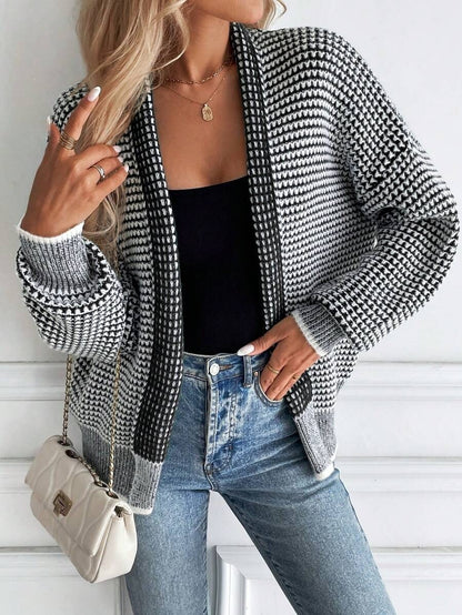 Women's Houndstooth Chunky Knit Open Front Cardigan