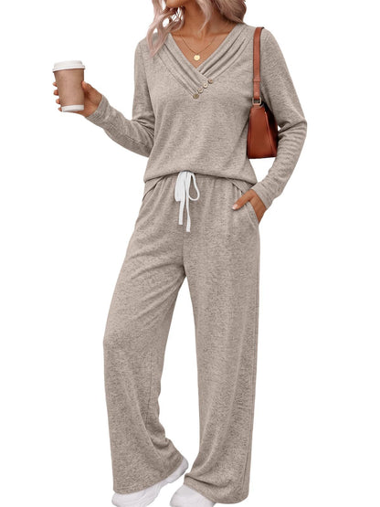 Casual V-Neck Button Top Wide Leg Pants Matching Set