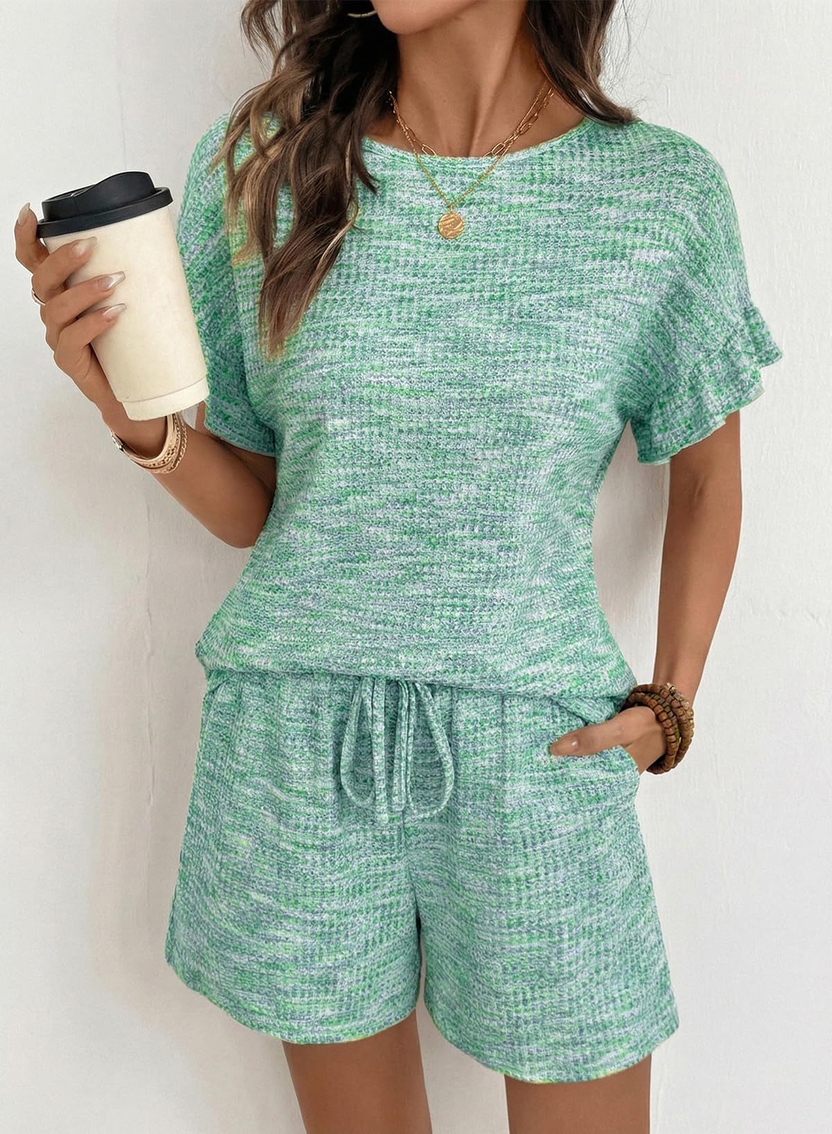 Textured Knit Lounge Set Ruffle Sleeve Drawstring