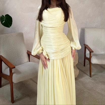 Satin Ruched Long Sleeve Maxi Dress Wedding Guest
