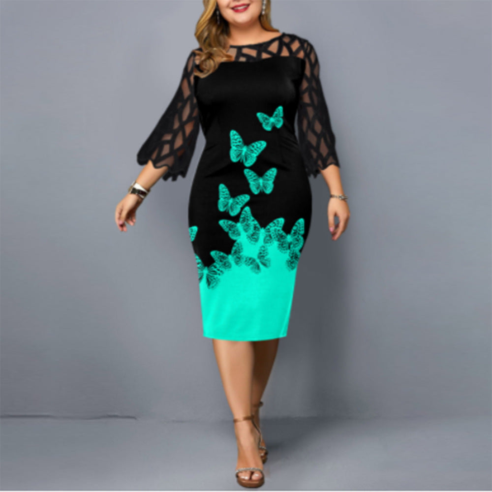 Plus Size Lace Sleeve Floral Bodycon Midi Dress