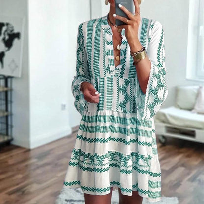 Boho Geometric V-Neck Flare Sleeve Mini Dress